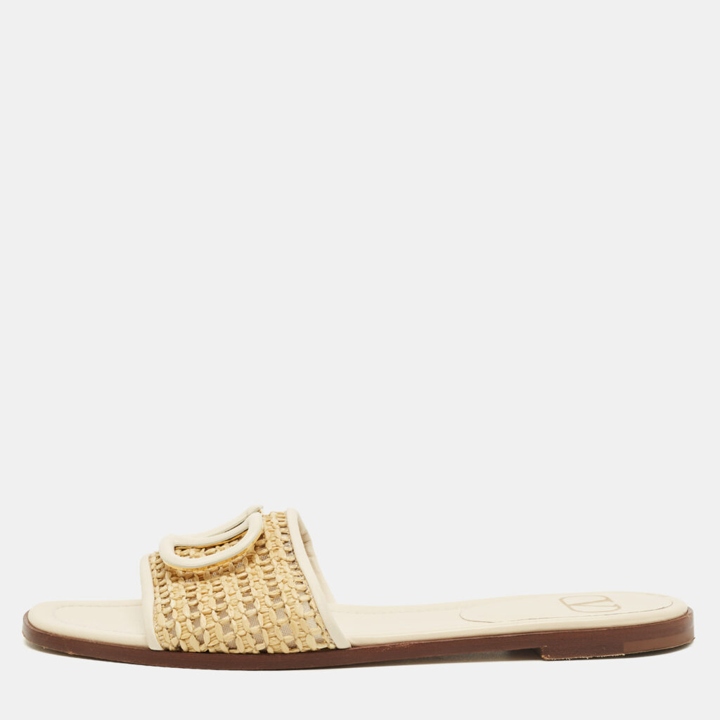 Valentino Brown Straw Escape V logo Flat Slide Size 38 Valentino Brown Straw Escape V logo Flat Slide Size 38