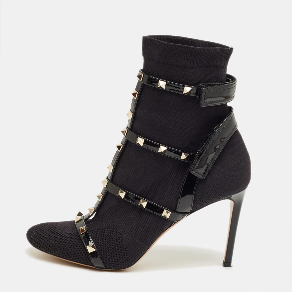 Valentino Black Knit Fabric and Leather Rockstud Ankle Length Boots Size 40
