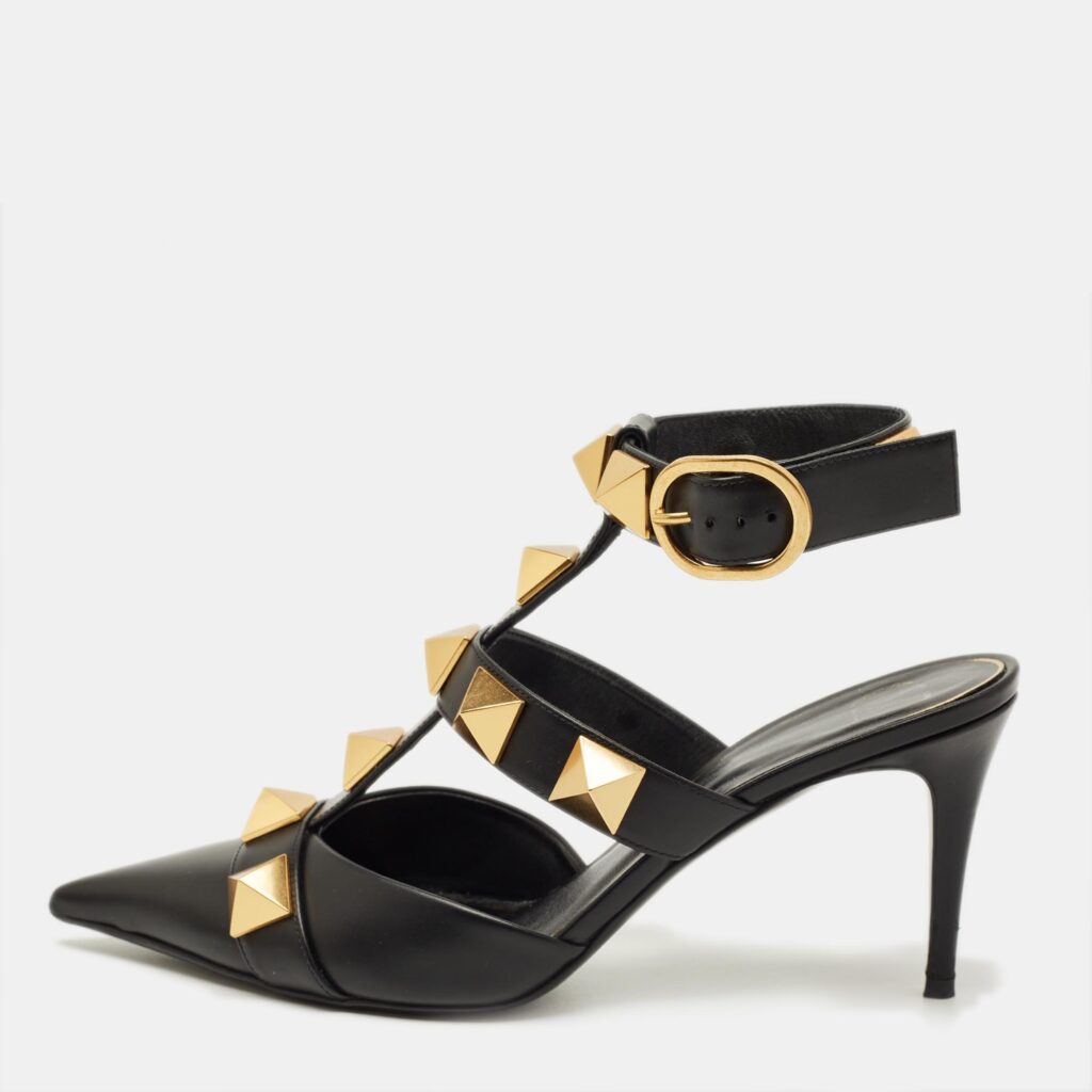 Valentino Black Leather Roman Stud Pointed Toe Ankle Cuff Pumps Size 38