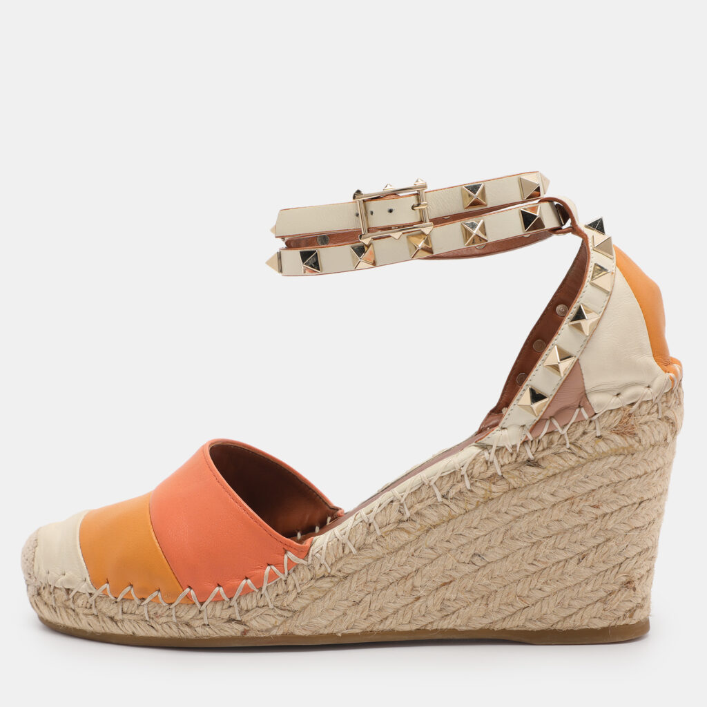 Valentino Multicolor Leather Rockstud Wedge Ankle Strap Sandals Size 37