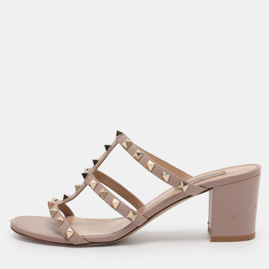 Valentino Nude Pink Leather Rockstud Block Heel Slide Sandals Size 39