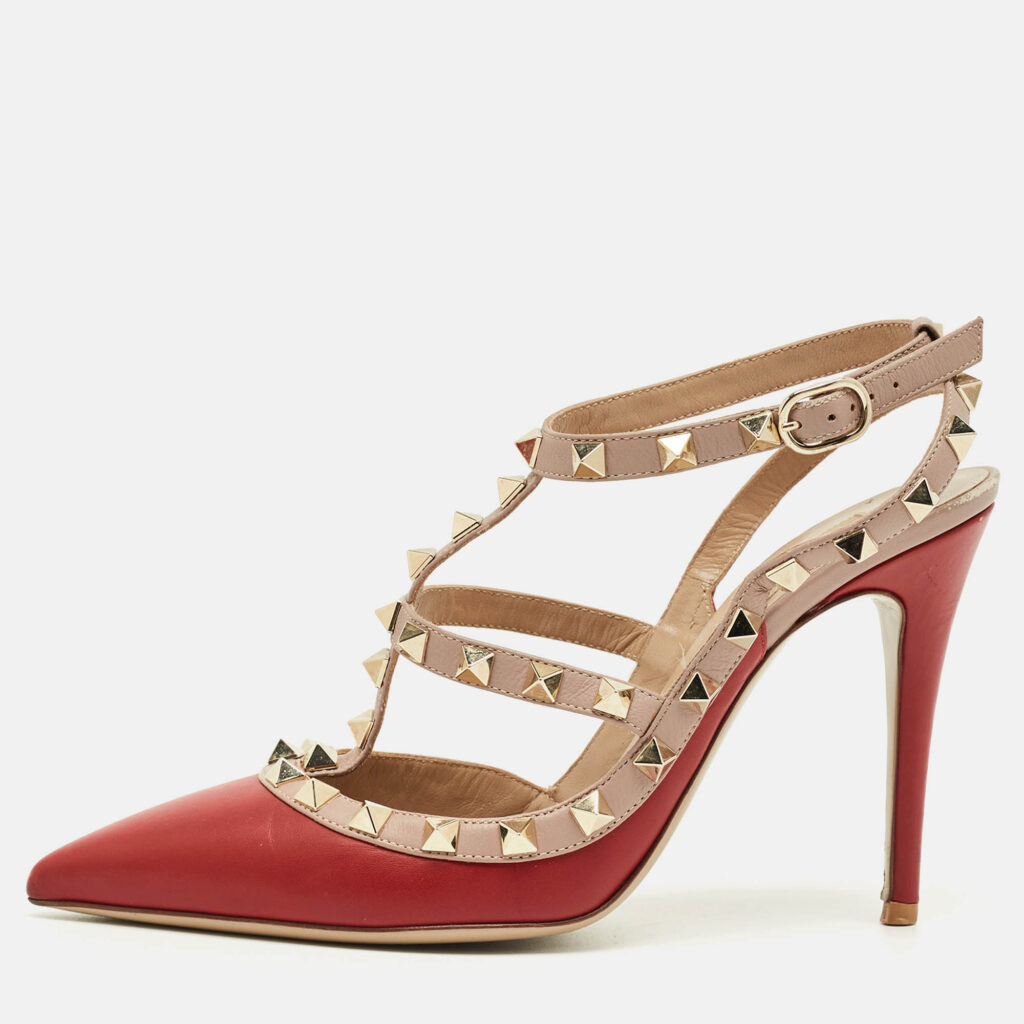 Valentino Red/Pink Leather Rockstud Ankle Strap Pumps Size 37