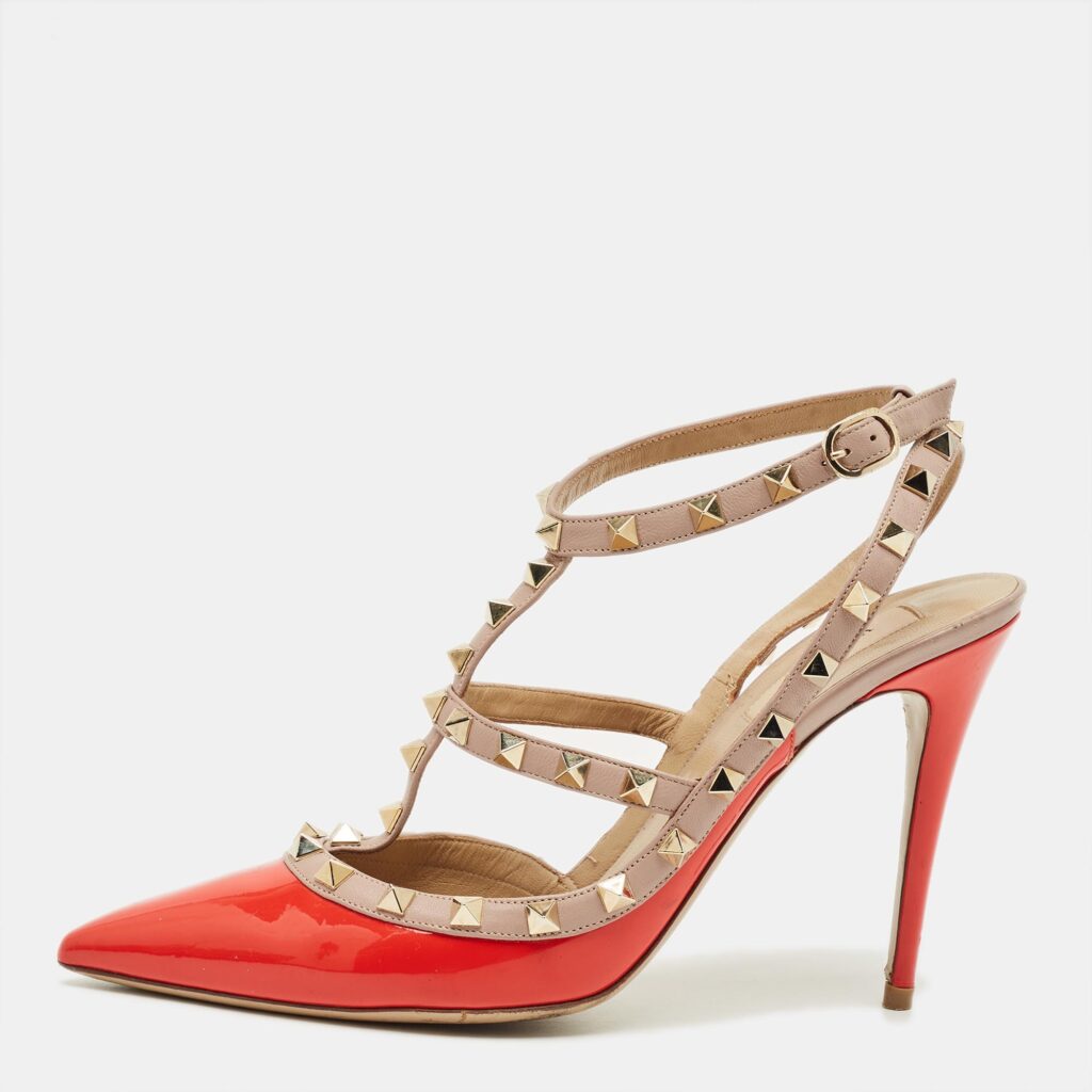 Valentino Beige/Red Leather and Patent Rockstud Ankle Strap Pumps Size 41 Valentino Beige/Red Leather and Patent Rockstud Ankle Strap Pumps Size 41