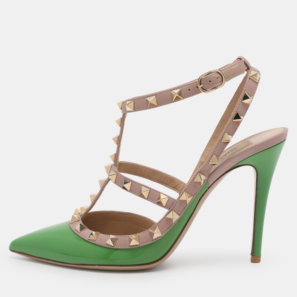 Valentino Green/Beige Patent Leather Rockstud Ankle Strap Pumps Size 38.5