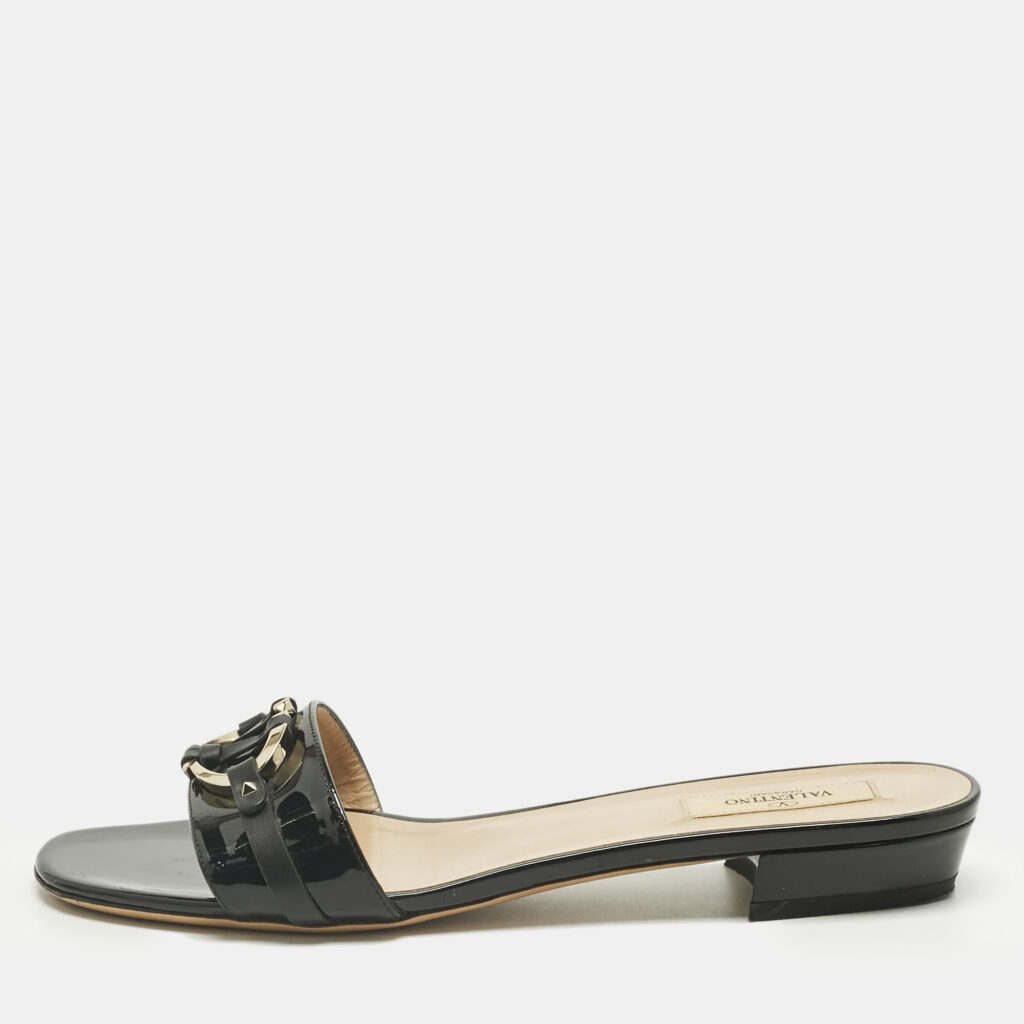 Valentino Black Patent Leather VLogo Slide Sandals Size 39.5