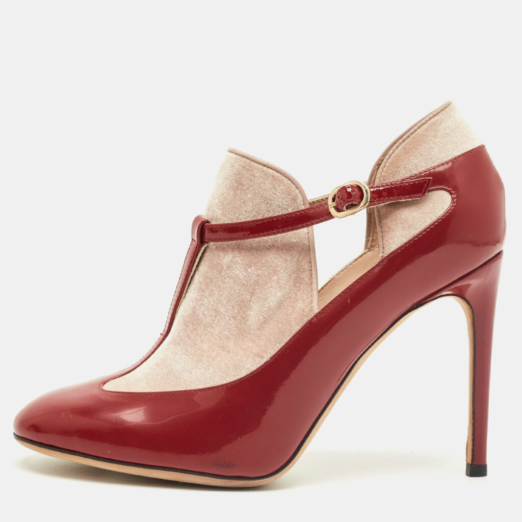 luxury-women-valentino-used-shoes-p1241912-001-1.jpg Valentino Red/Beige Patent Leather and Velvet T-Strap Pumps Size 36.5