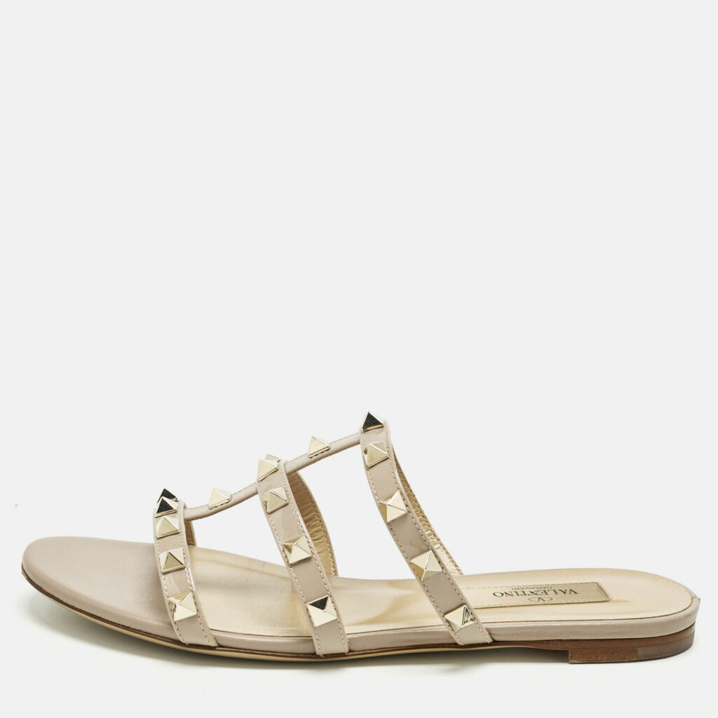 Valentino Poudre Pink Patent Leather Rockstud Flat Slide Sandals Size 35