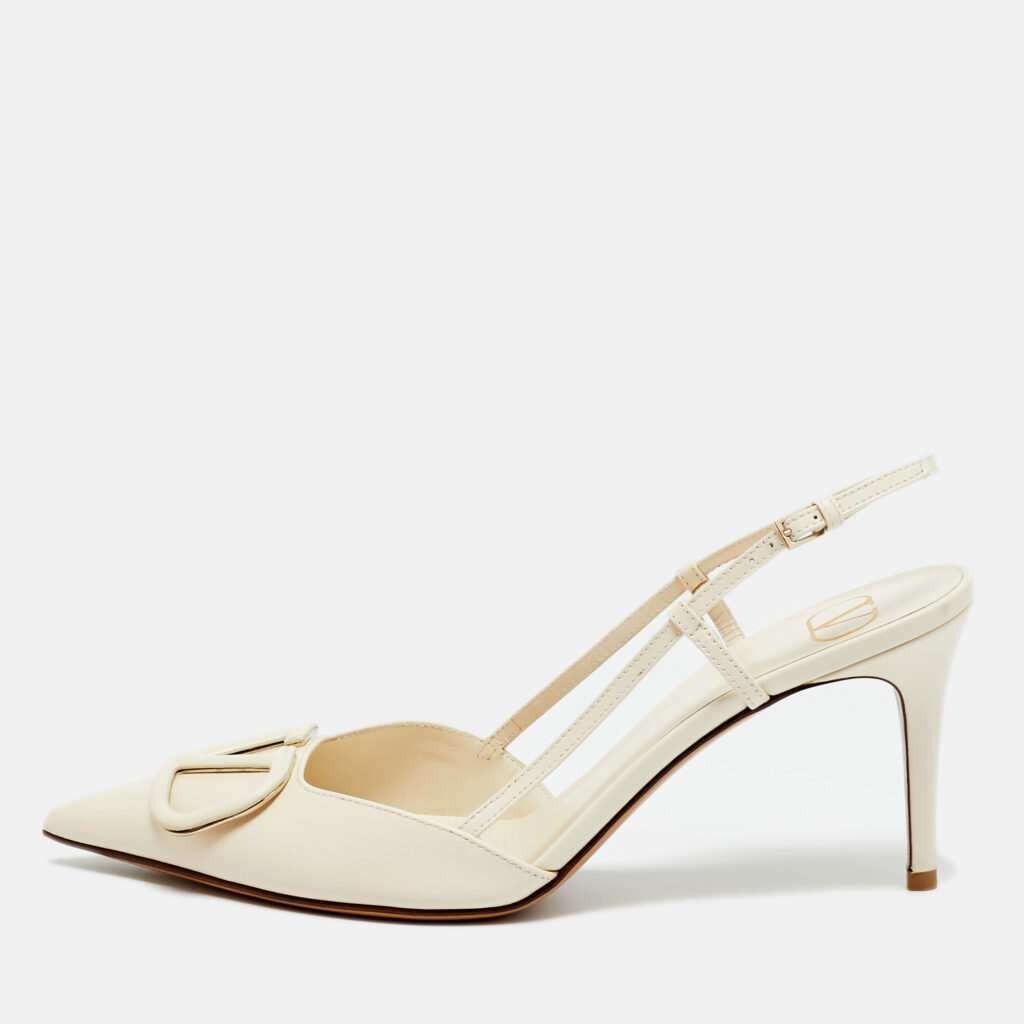 luxury-women-valentino-used-shoes-p1243119-001.jpg Valentino Cream Leather VLogo Signature Slingback Pumps Size 39