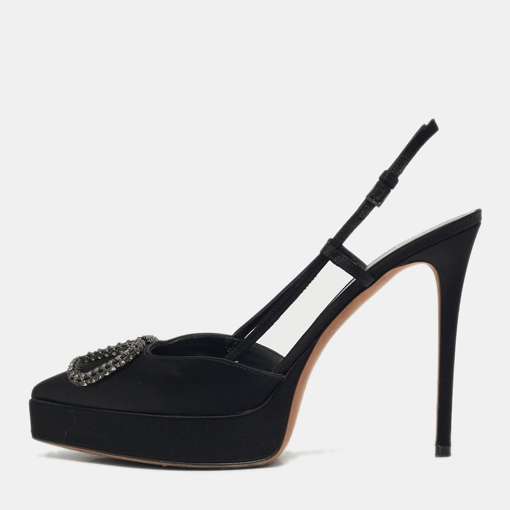 Valentino Black Satin VLogo Slingback Platform Pumps Size 40 Valentino Black Satin VLogo Slingback Platform Pumps Size 40