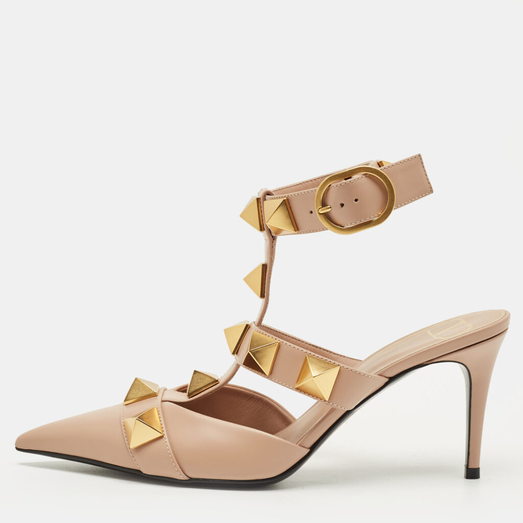 Valentino Beige Leather Roman Stud Ankle Strap Pumps Size 37