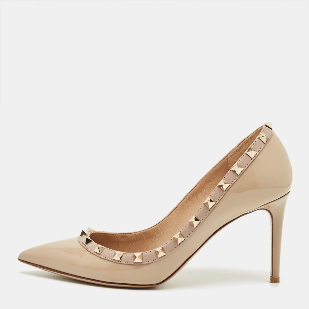 Valentino Beige Patent Leather Rockstud Pointed Toe Pumps Size 38.5
