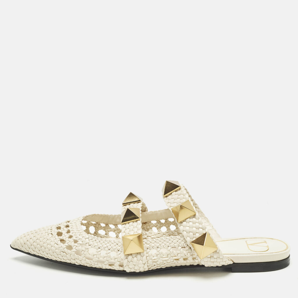 Valentino Cream Intrecciato Leather Roman Stud Mules Size 37 Valentino Cream Intrecciato Leather Roman Stud Mules Size 37