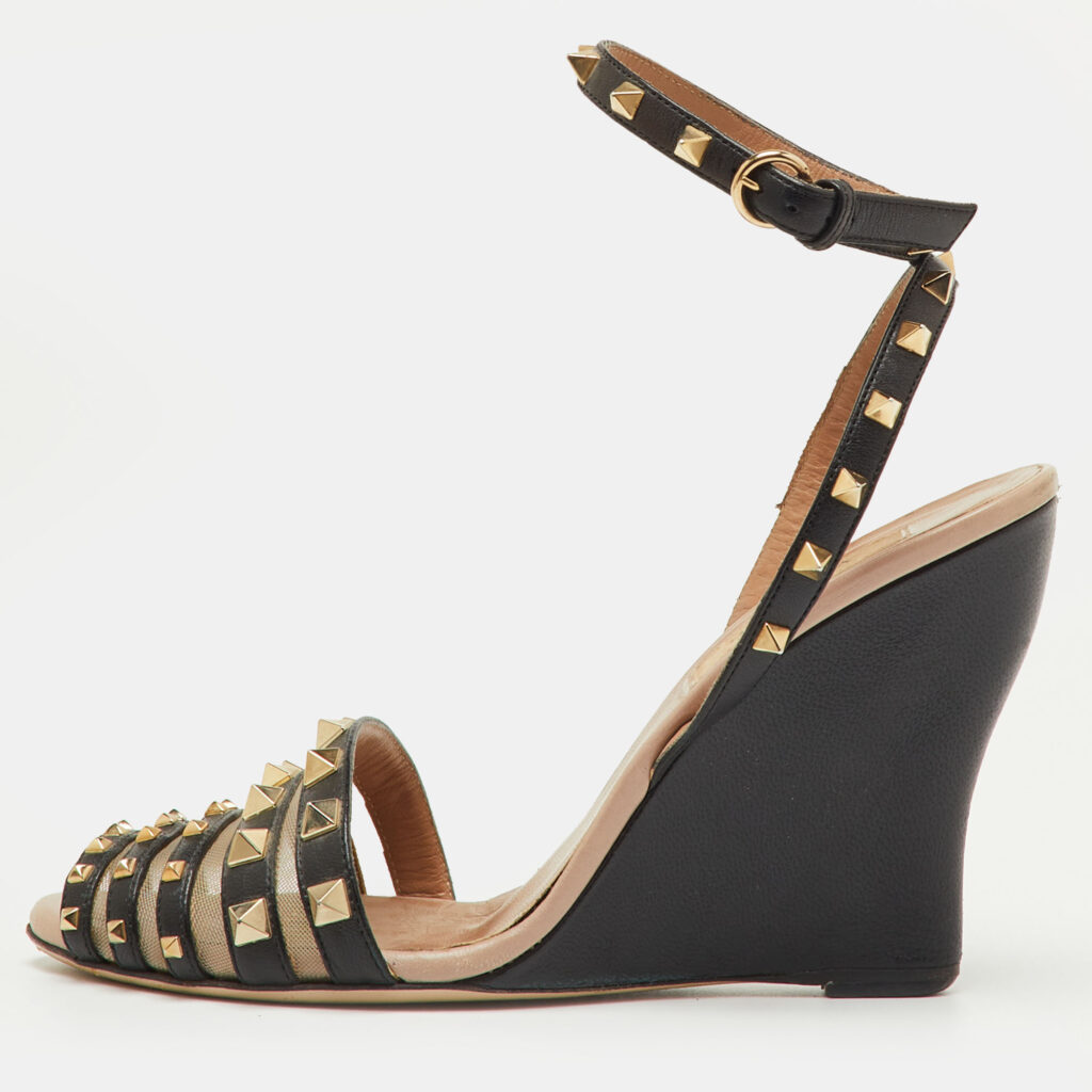 Valentino Black Leather and Mesh Rockstud Ankle Strap Wedge Sandals Size 36.5 Valentino Black Leather and Mesh Rockstud Ankle Strap Wedge Sandals Size 36.5