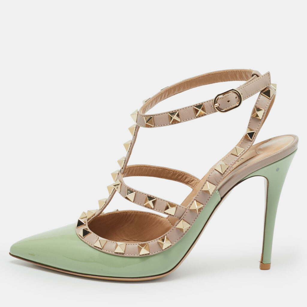 Valentino Green Leather and Patent Leather Rockstud Pumps Size 36.5