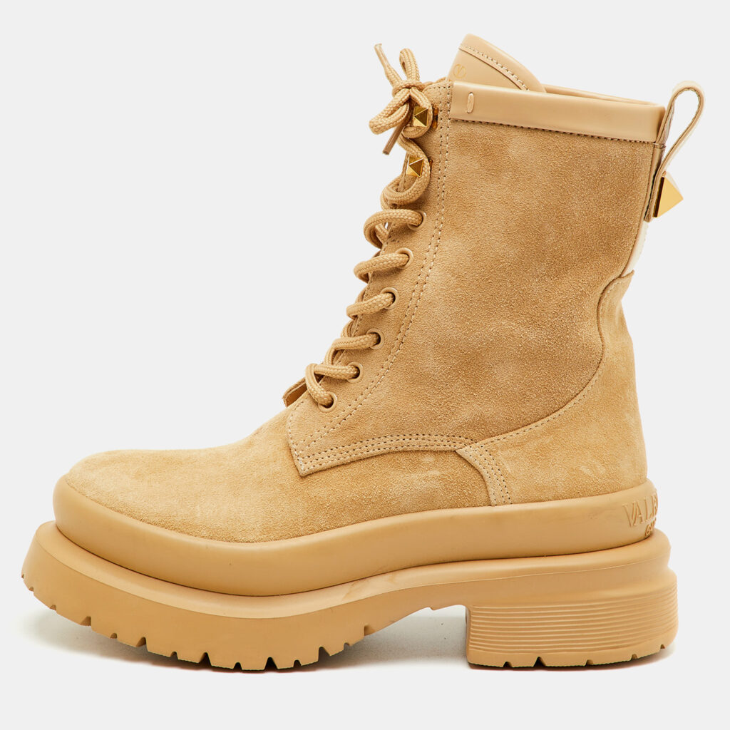 Valentino Rockstud Size 37 Beige Suede Combat Boots