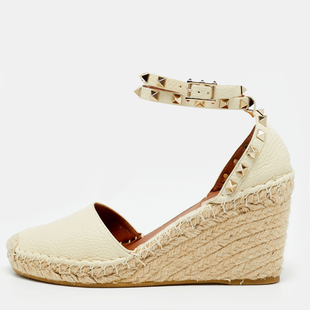 Valentino Rockstud Size 38 Beige Leather Espadrille Wedge Pumps