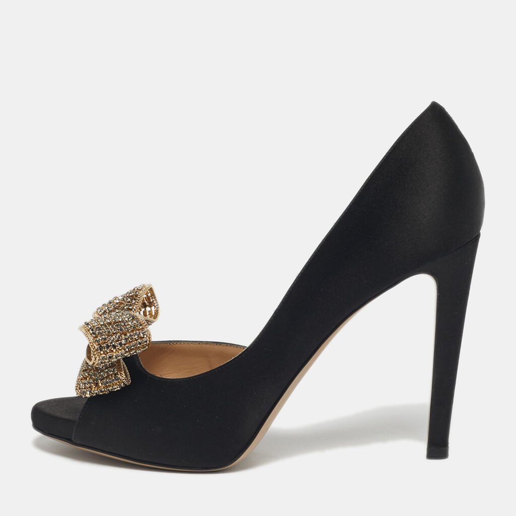 Valentino Bow Crystal Embellished Size 39.5 Black Satin D'orsay Pumps