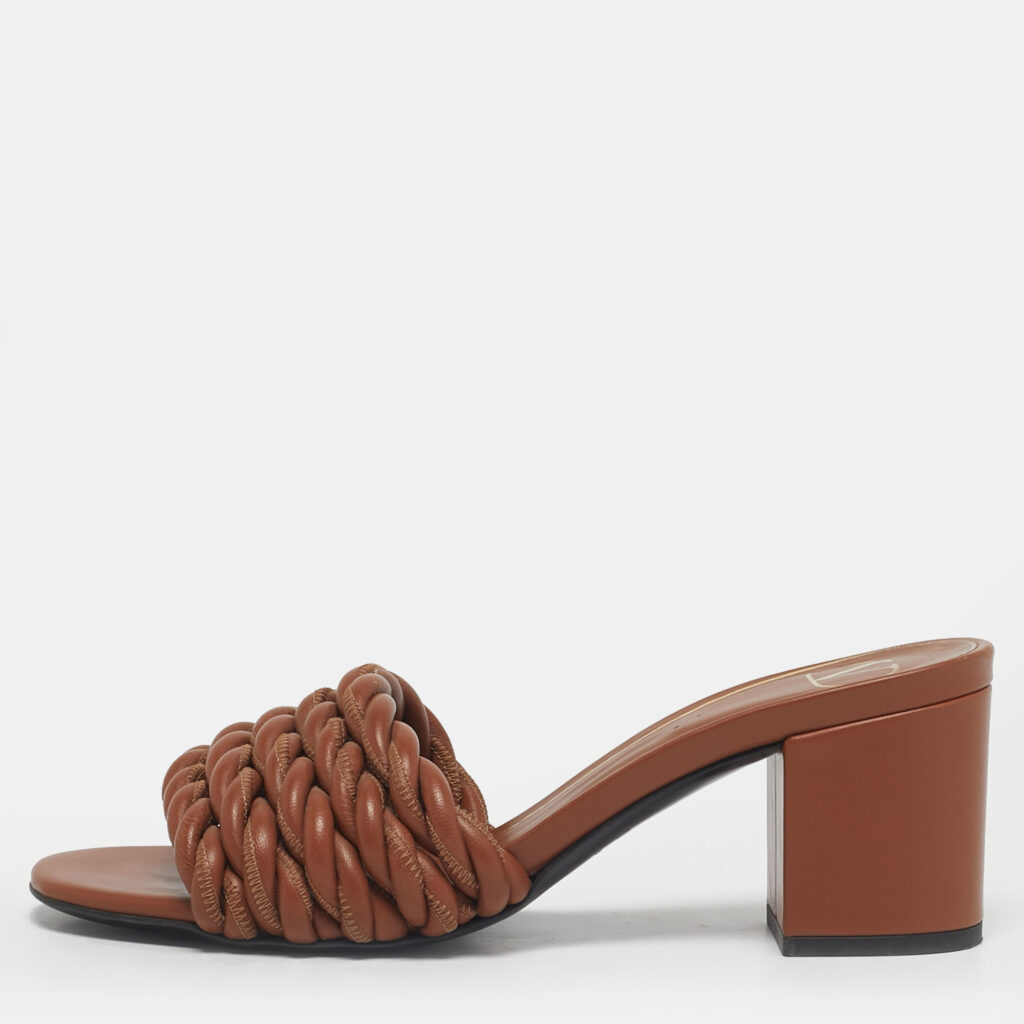 Valentino Size 36 Brown Leather Rope Braided Block Heel Slide Sandals Valentino Size 36 Brown Leather Rope Braided Block Heel Slide Sandals