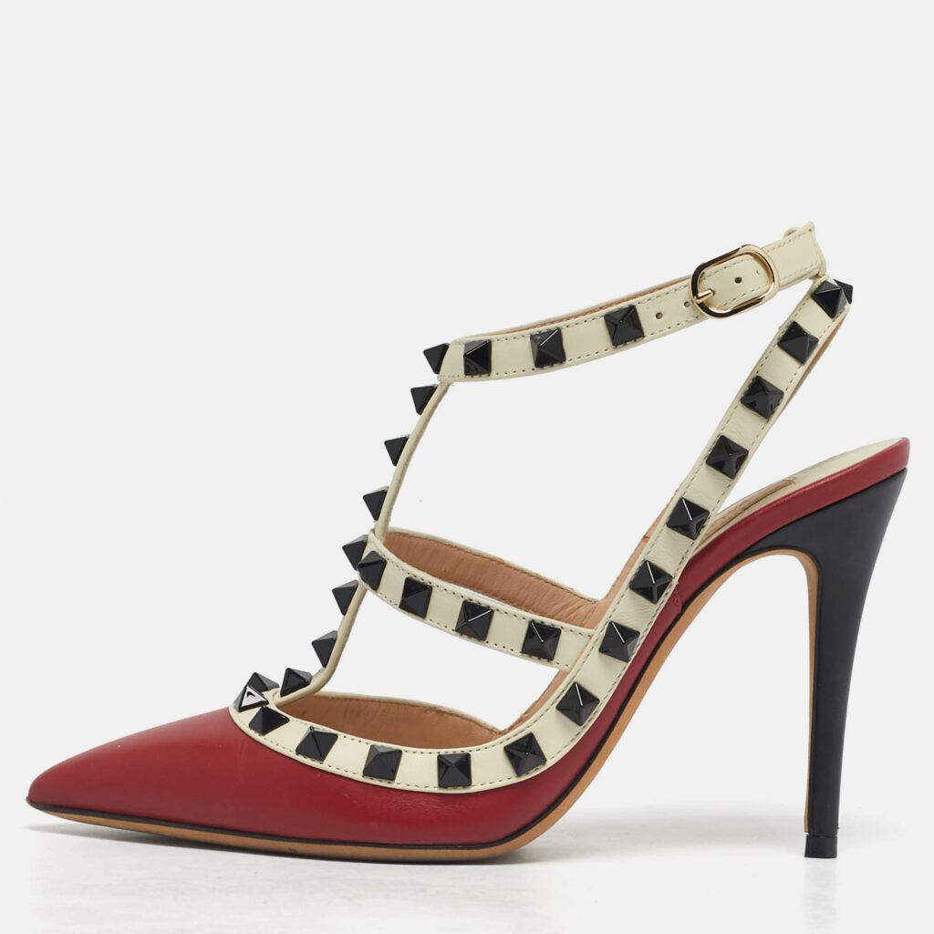 Valentino Rockstud Size 35 Red/White Leather Ankle Strap Pumps Valentino Rockstud Size 35 Red/White Leather Ankle Strap Pumps