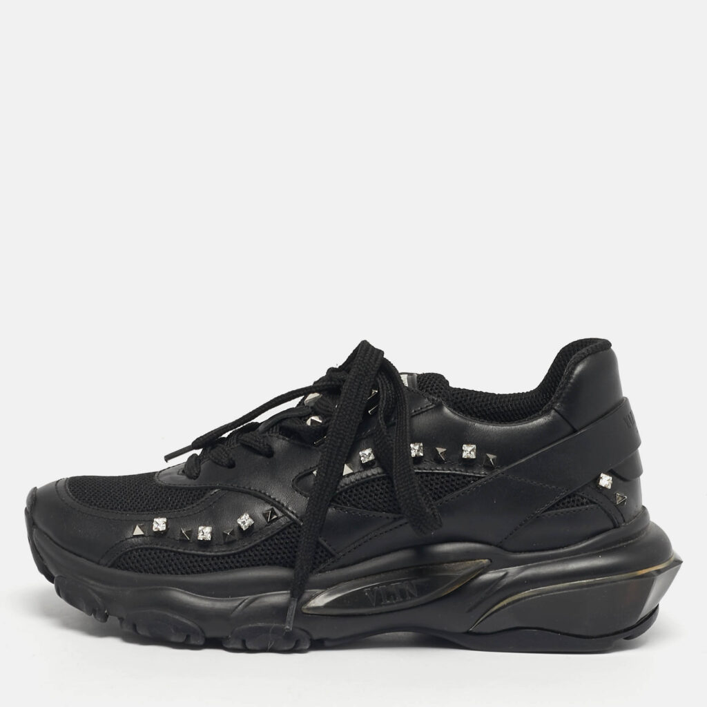 Valentino Bounce Size 36 Black Leather and Mesh Lace Up Sneakers