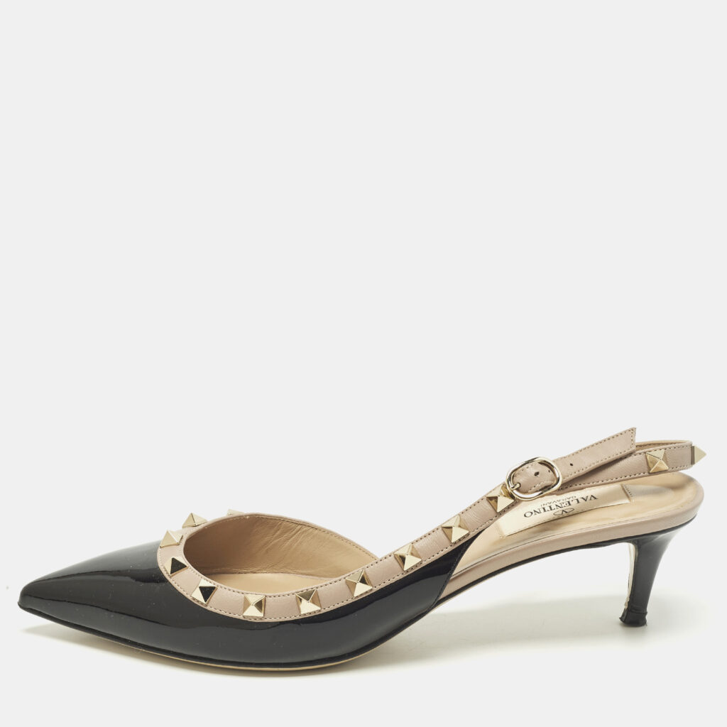 Valentino Rockstud Size 39 Black/Beige Patent and Leather D'orsay Slingback Pumps Valentino Rockstud Size 39 Black/Beige Patent and Leather D'orsay Slingback Pumps