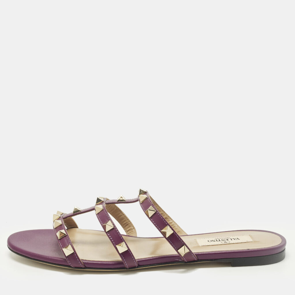 Valentino Rockstud Size 38 Purple Leather Flat Slides Valentino Rockstud Size 38 Purple Leather Flat Slides