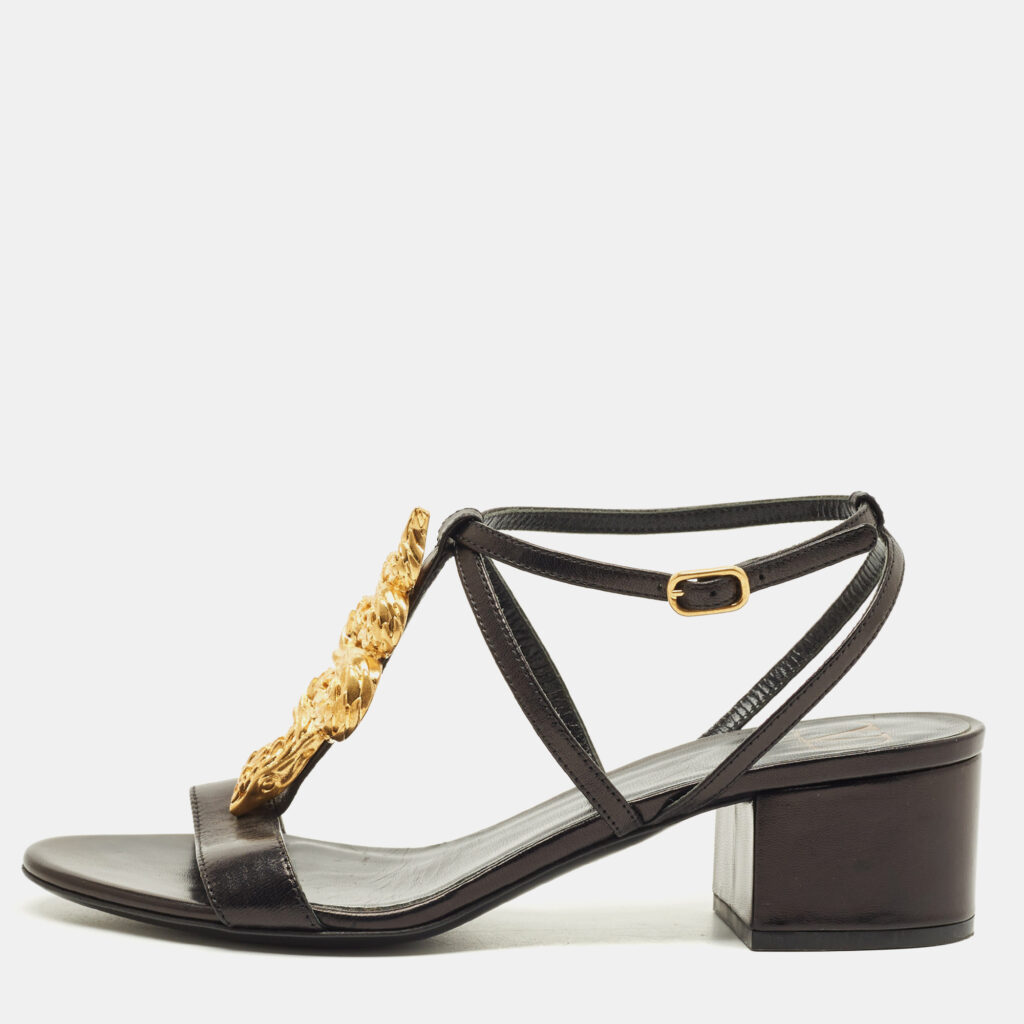 Valentino Size 35.5 Black Leather Snake Embellished Ankle Strap Sandals