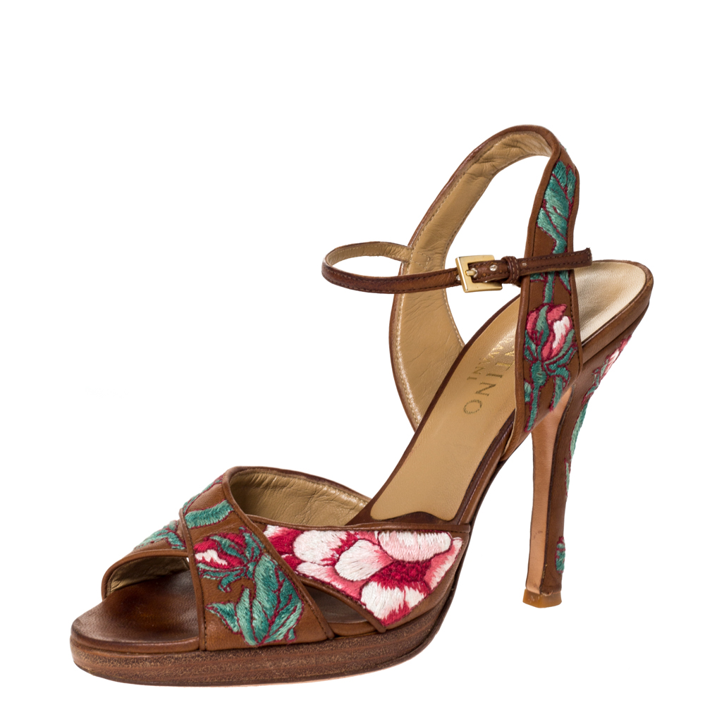 Valentino Brown Leather Embroidered Ankle Strap Sandals Size 39.5 Valentino Brown Leather Embroidered Ankle Strap Sandals Size 39.5