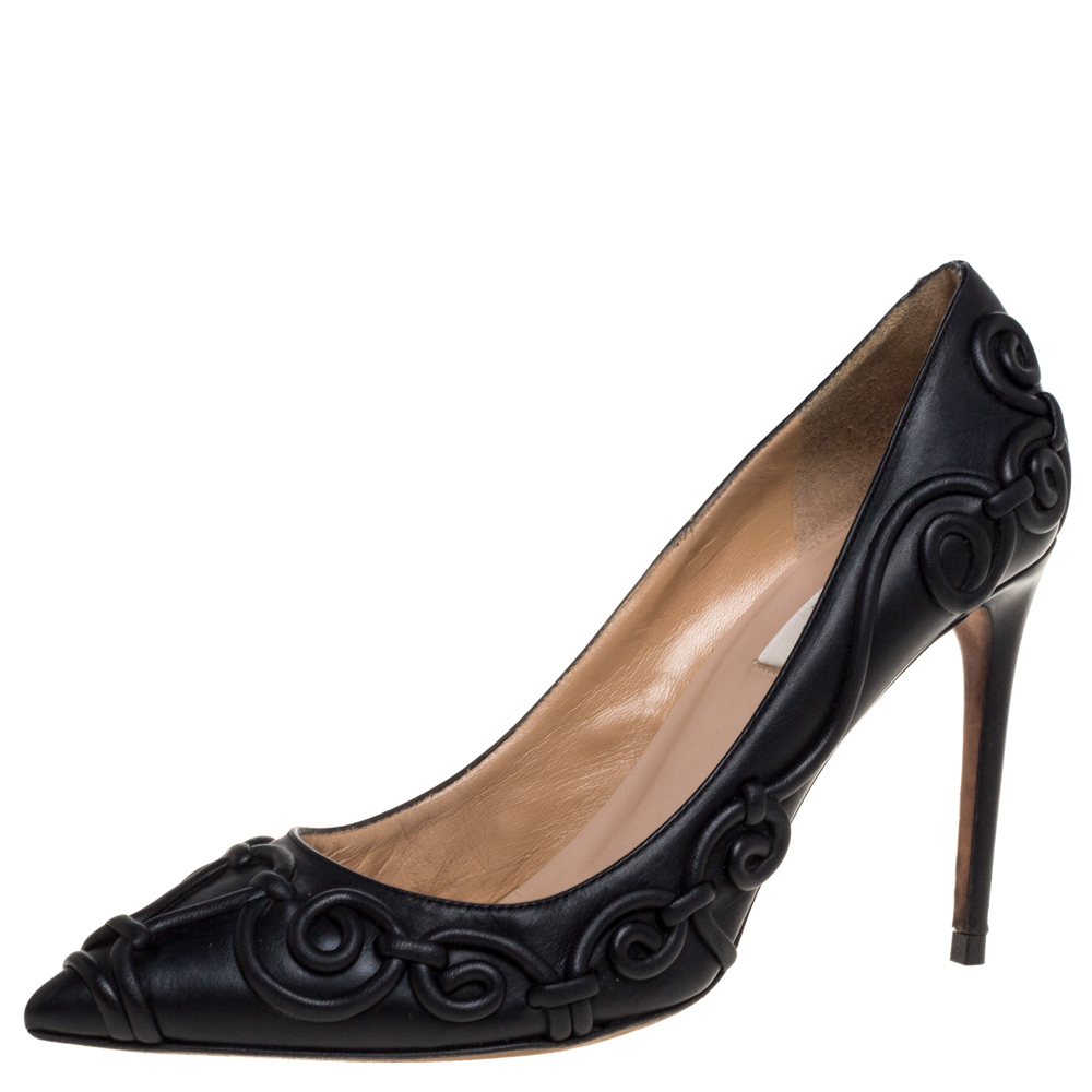 Valentino Black Leather Swirl Detail Pointed Toe Pumps Size 38.5