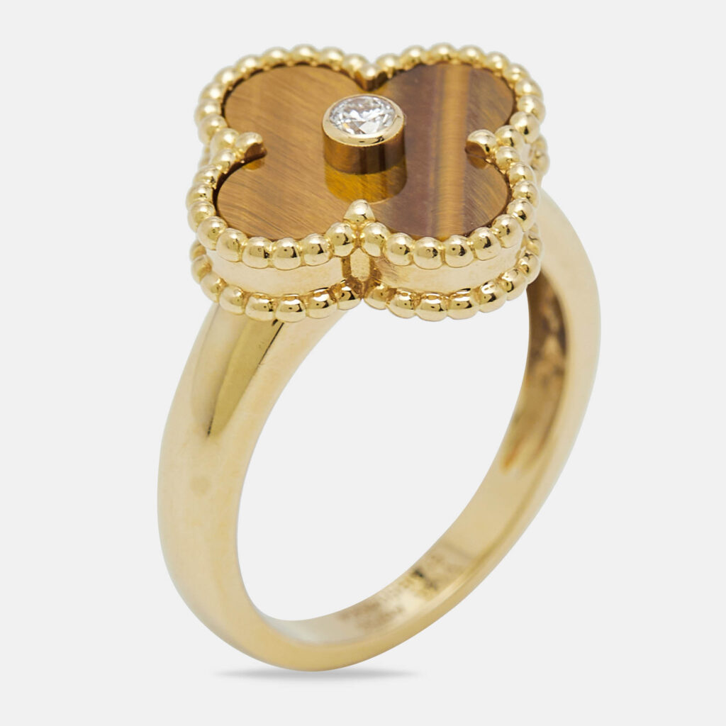Van Cleef & Arpels Vintage Alhambra Tiger Eye Diamond 18k Yellow Gold Ring Size 51 Van Cleef & Arpels Vintage Alhambra Tiger Eye Diamond 18k Yellow Gold Ring Size 51
