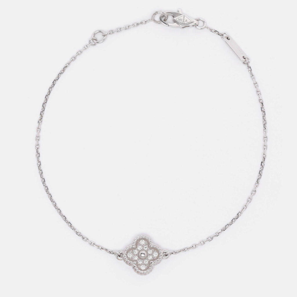 Van Cleef & Arpels 18K White Gold Sweet Alhambra Diamond Single Motif Station Bracelet Van Cleef & Arpels 18K White Gold Sweet Alhambra Diamond Single Motif Station Bracelet