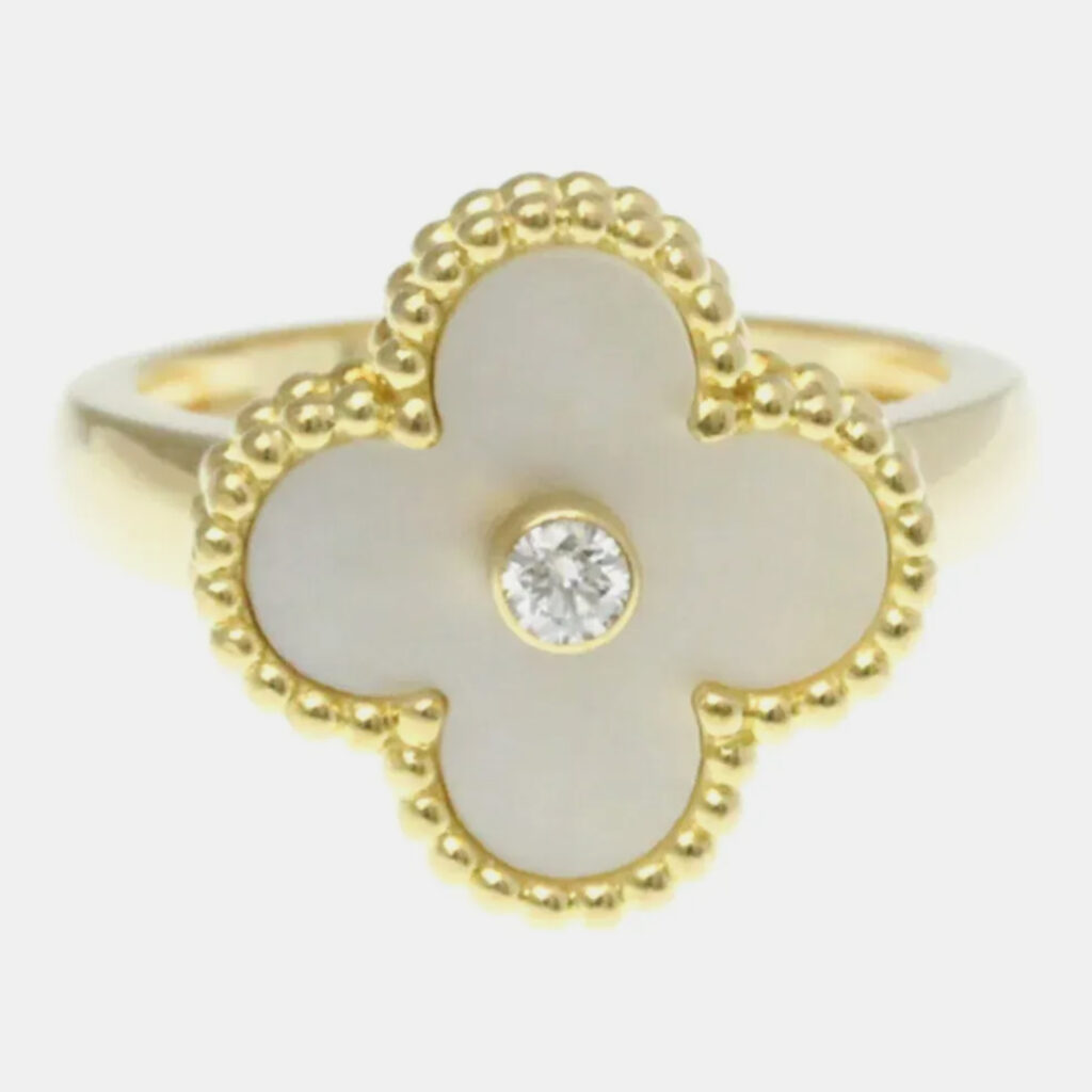 Van Cleef & Arpels Vintage Alhambra 18K Yellow Gold, Diamond, Mother of Pearl Ring EU 52 Van Cleef & Arpels Vintage Alhambra 18K Yellow Gold, Diamond, Mother of Pearl Ring EU 52