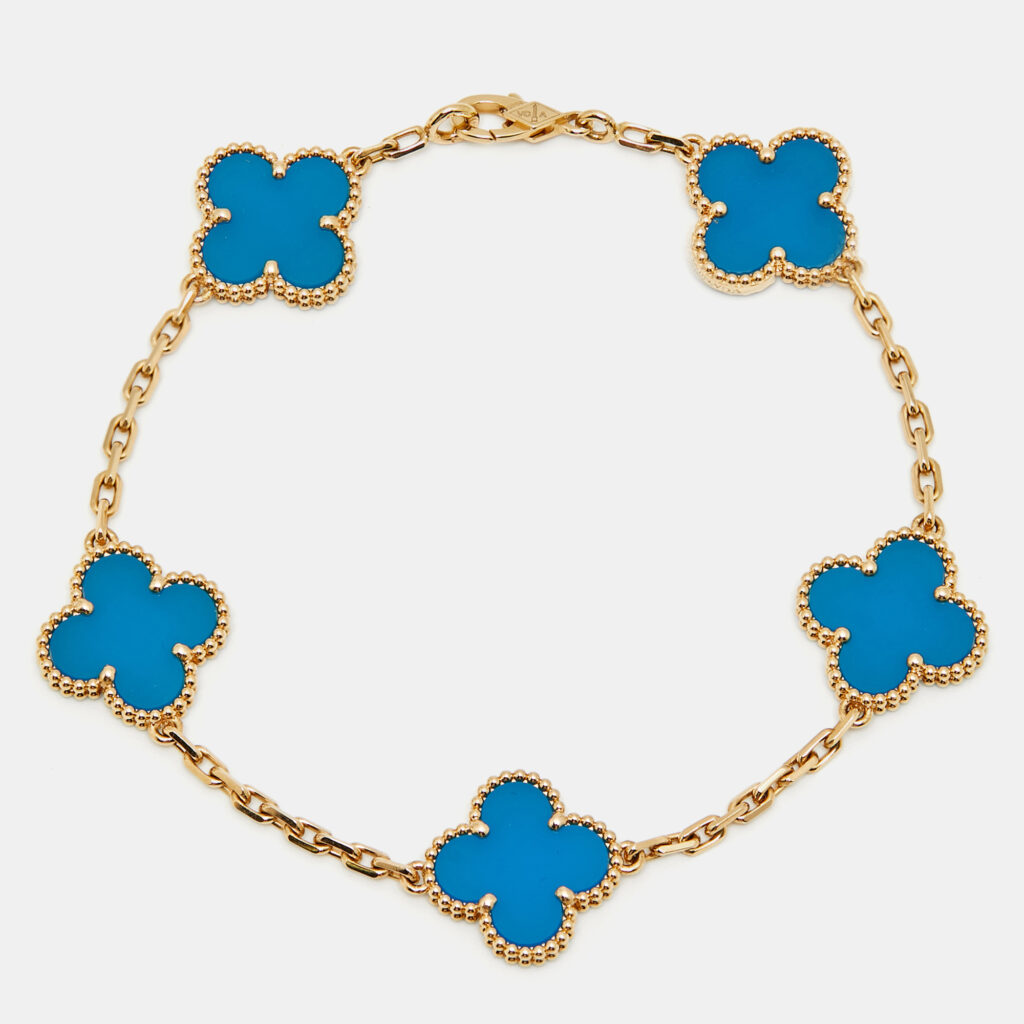 Van Cleef & Arpels Vintage Alhambra Agate 18k Yellow Gold 5 Motif Station Bracelet