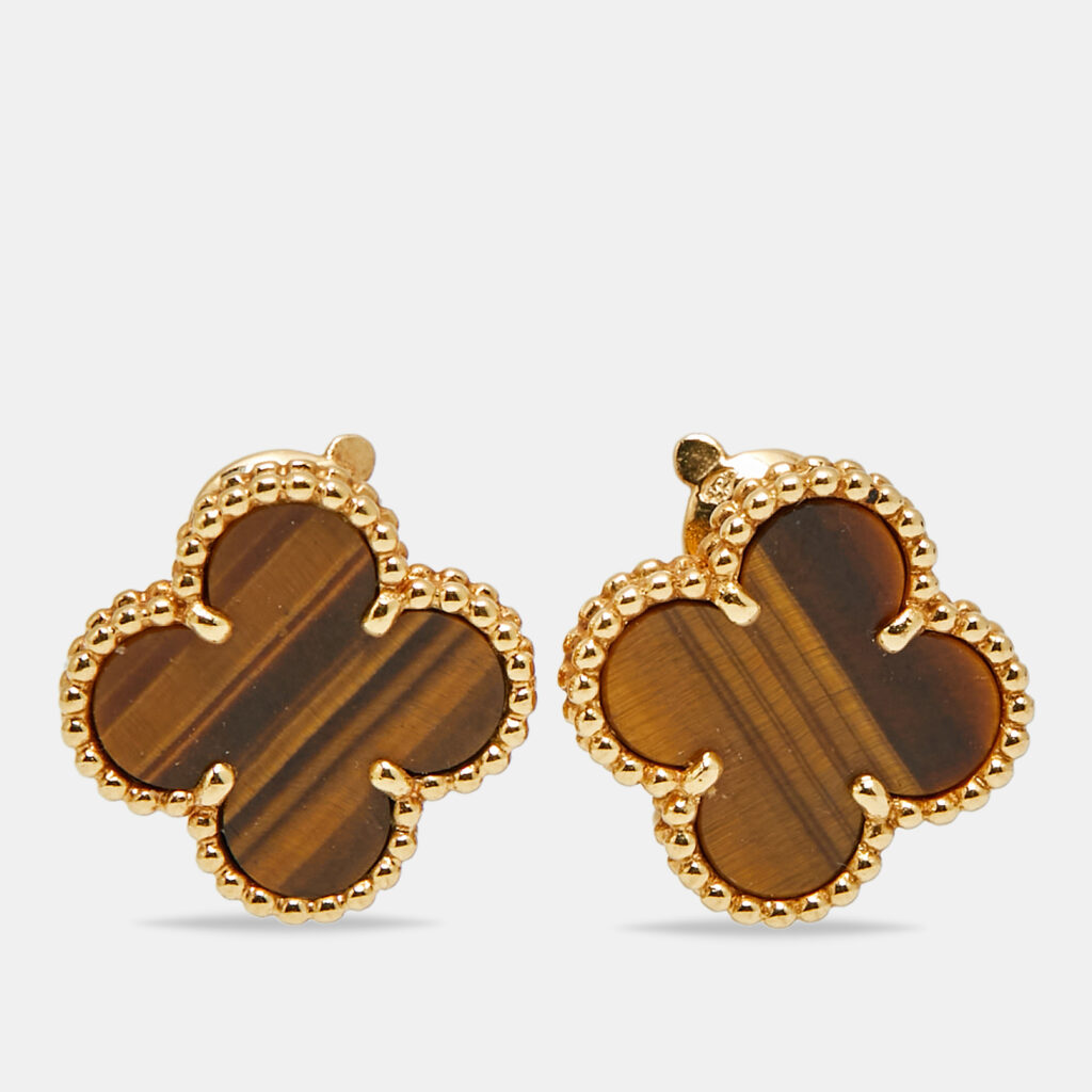 Van Cleef & Arpels Alhambra Tiger's Eye 18k Yellow Gold Earrings Van Cleef & Arpels Alhambra Tiger's Eye 18k Yellow Gold Earrings