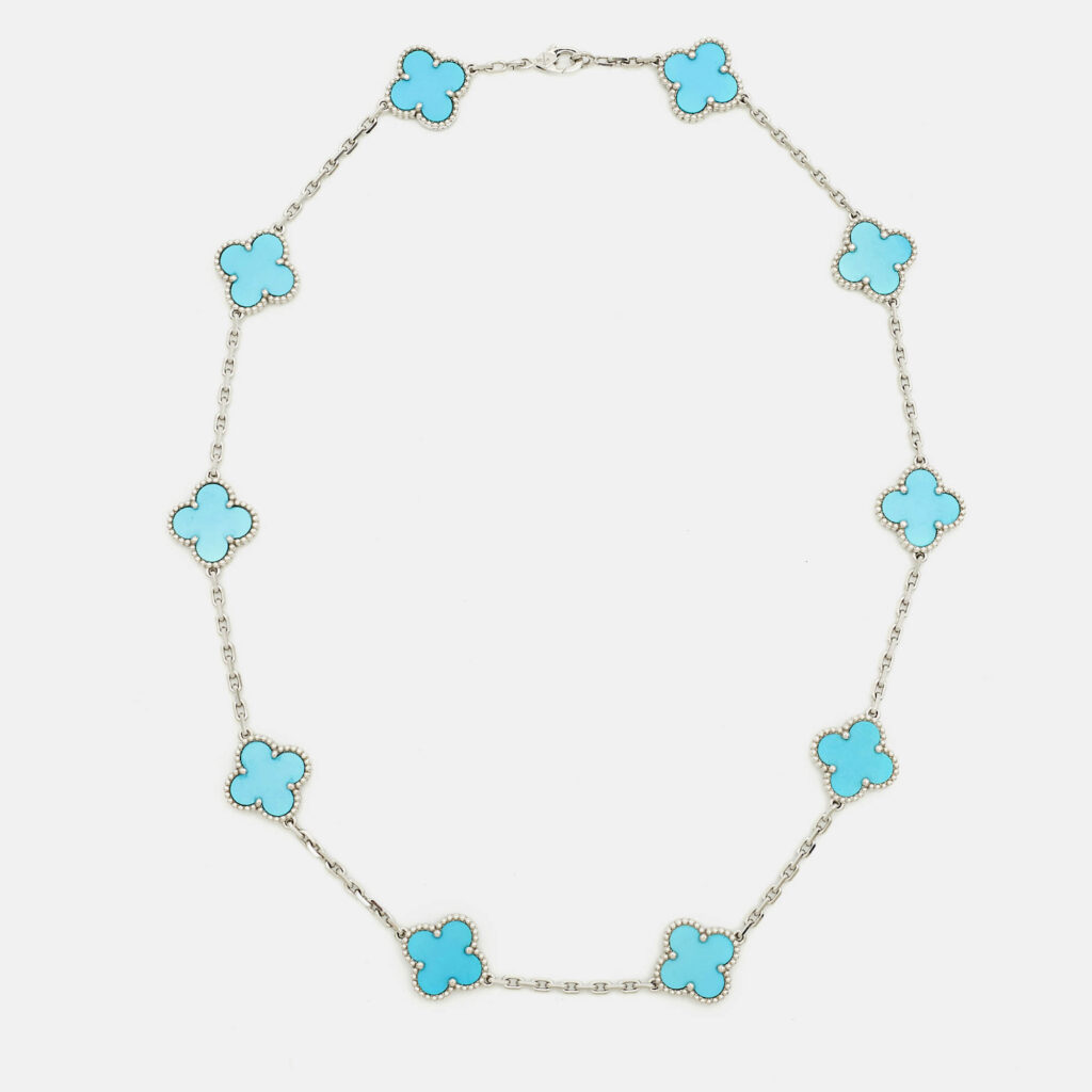 Van Cleef & Arpels Vintage Alhambra Turquoise 18k White Gold 10 Motifs Station Necklace Van Cleef & Arpels Vintage Alhambra Turquoise 18k White Gold 10 Motifs Station Necklace