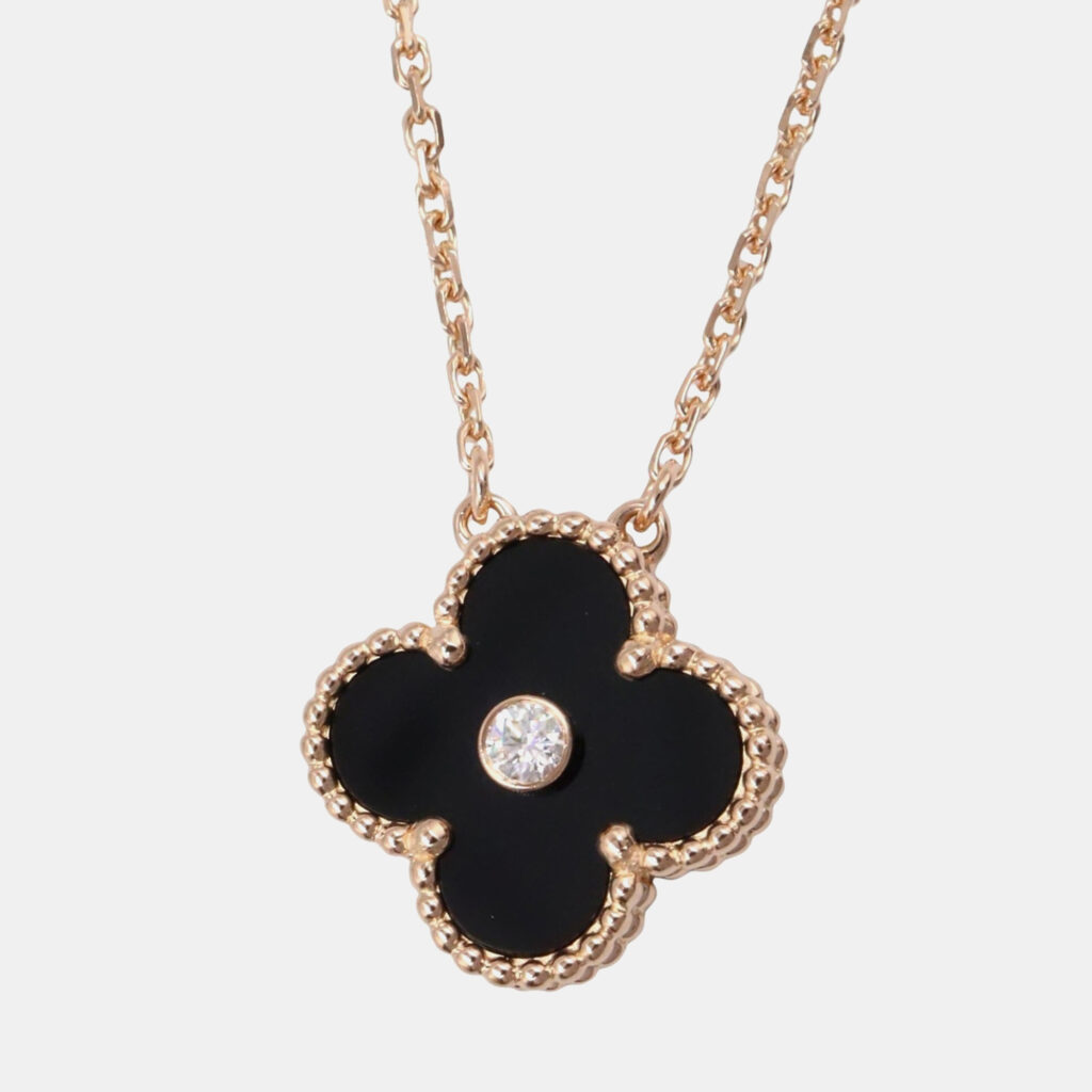 Van Cleef & Arpels Vintage Alhambra Onyx Diamond 18K Rose Gold Necklace