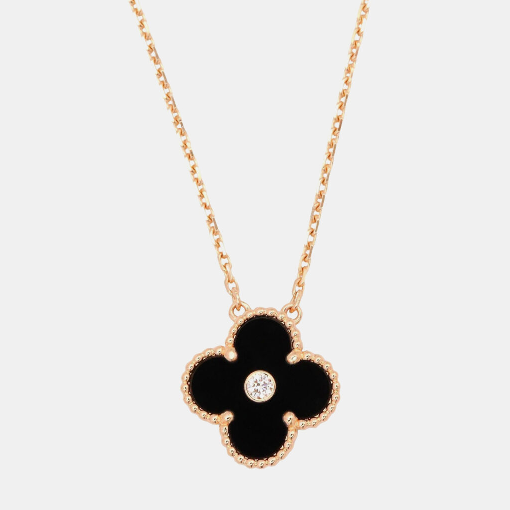 Van Cleef & Arpels Vintage Alhambra Onyx Diamond 18K Rose Gold Necklace