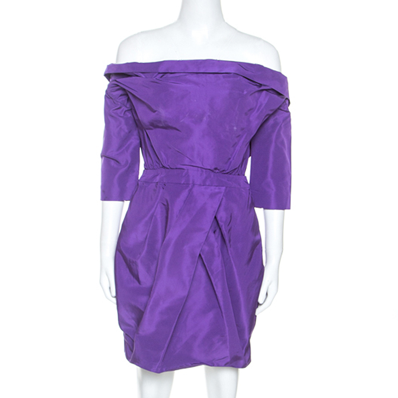 Vera Wang Purple Silk Crystal Embellished Off Shoulder Dress L Vera Wang Purple Silk Crystal Embellished Off Shoulder Dress L