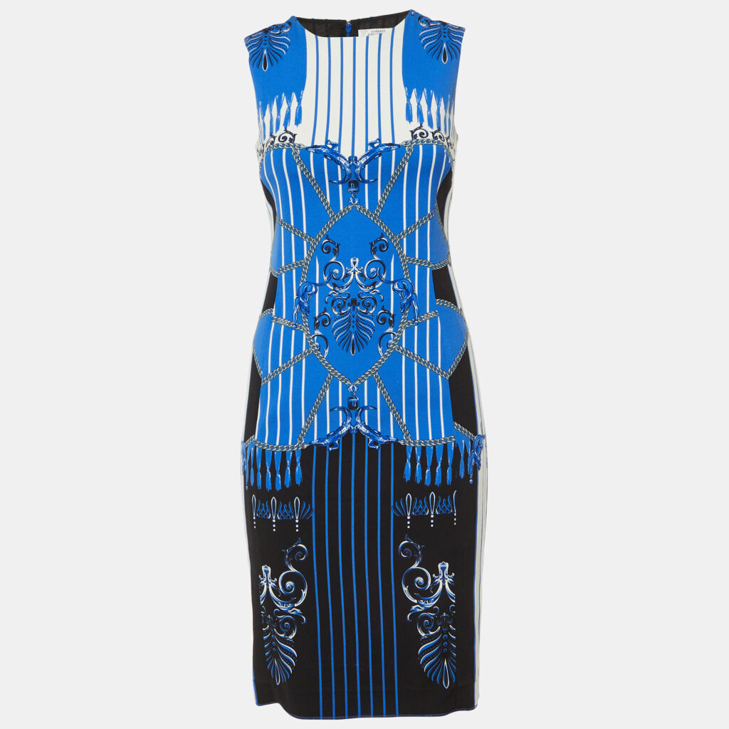 Versace Collection Blue Chain Print Crepe Sleeveless Dress S Versace Collection Blue Chain Print Crepe Sleeveless Dress S