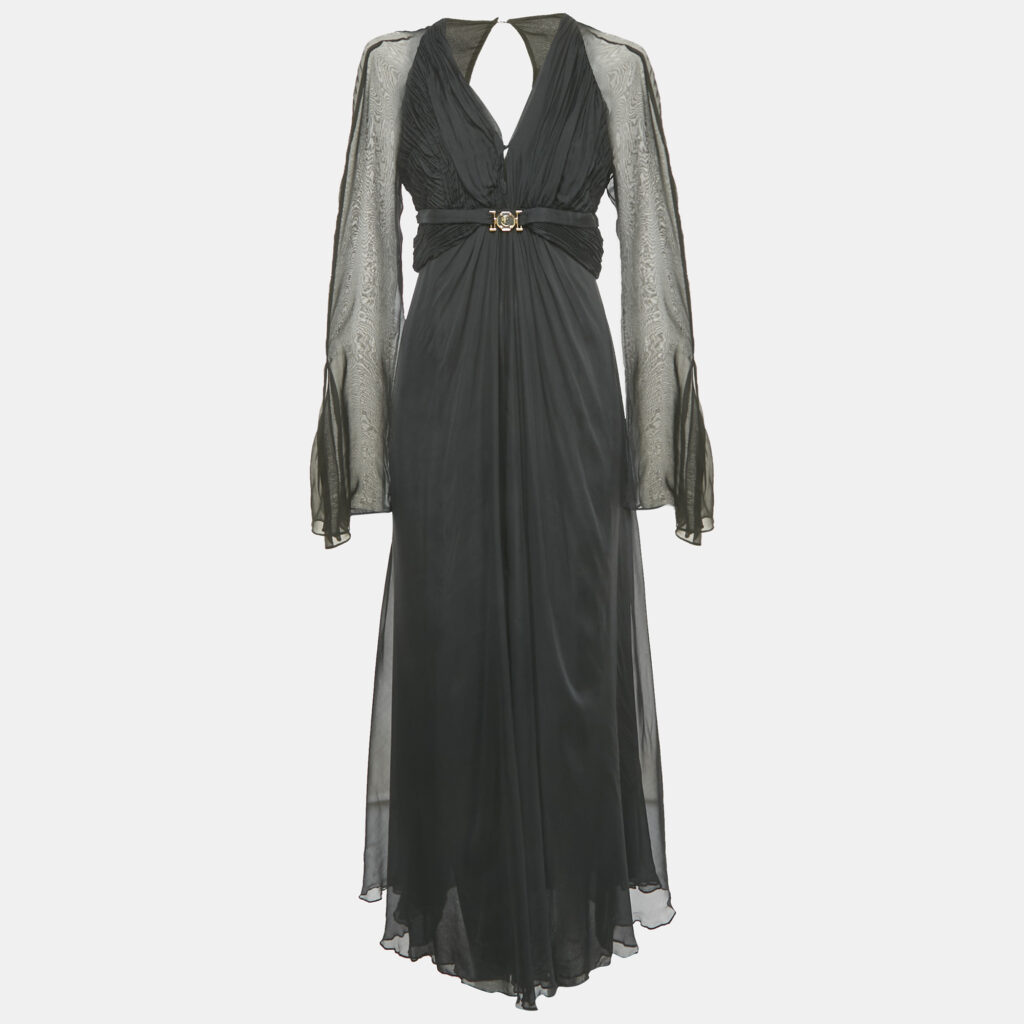 luxury-women-versace-collection-used-clothes-p1177634-002.jpg Versace Collection Black Silk Drape Detail V-Neck Maxi Dress M