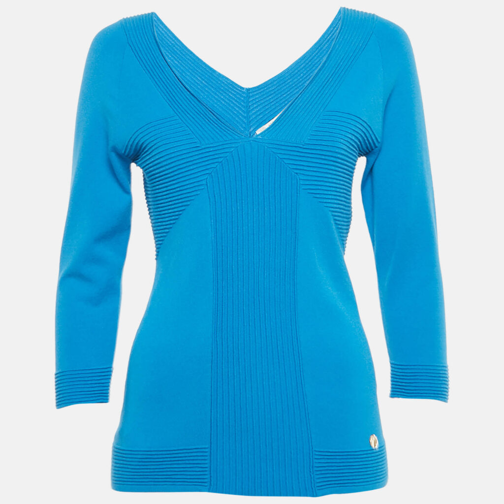 Versace Collection Blue Textured Stretch Knit V-Neck Pullover L Versace Collection Blue Textured Stretch Knit V-Neck Pullover L
