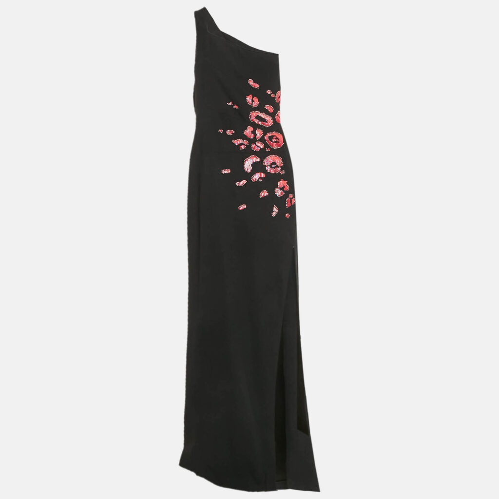 Versace Collection Black Embellished Crepe One-Shoulder Maxi Dress L Versace Collection Black Embellished Crepe One-Shoulder Maxi Dress L
