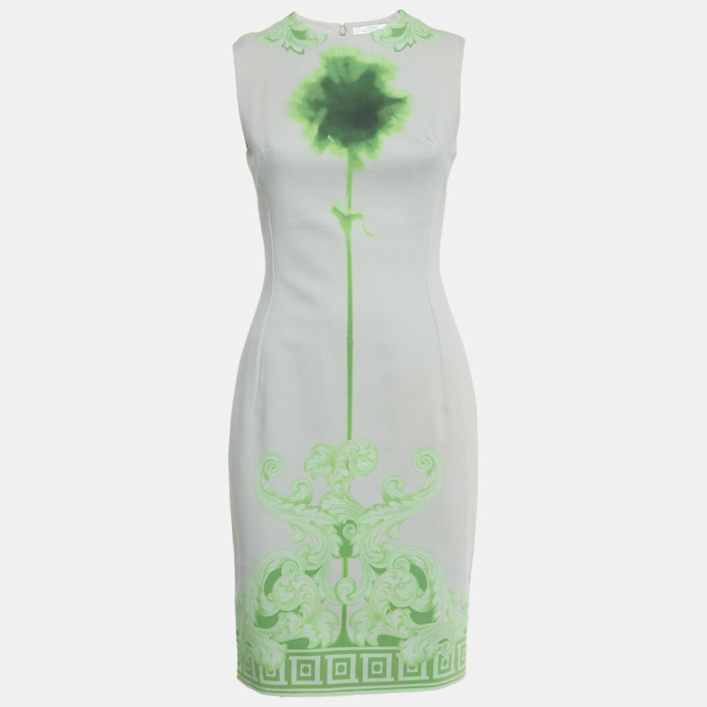Versace Collection Grey /Green Printed Cotton & Crepe Sheath Dress M