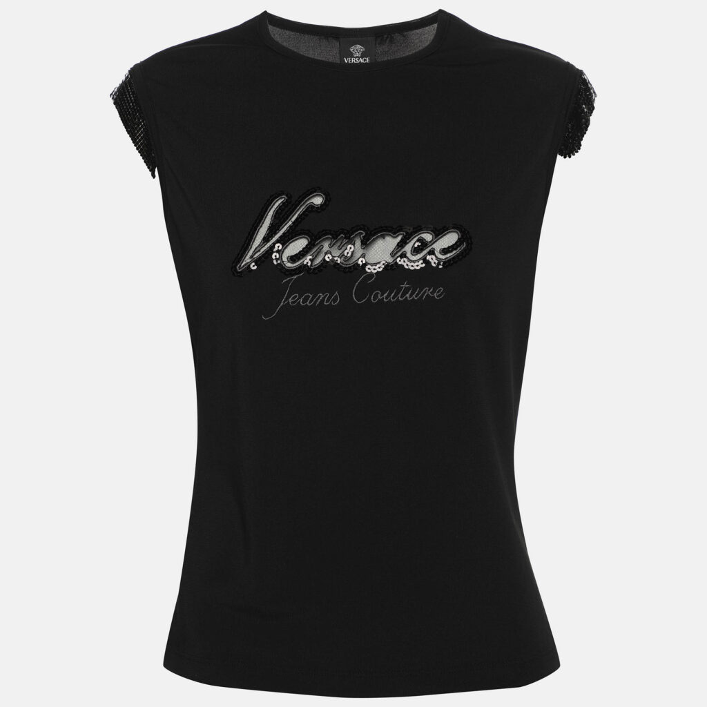 Versace Jeans Couture Vintage Black Logo Embroidered Jersey Sleeveless Top L Versace Jeans Couture Vintage Black Logo Embroidered Jersey Sleeveless Top L