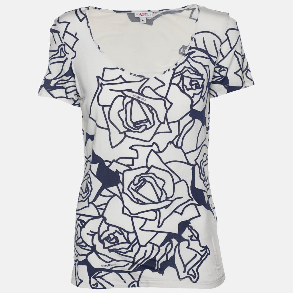 Versace Jeans Couture White/Blue Printed Jersey Round Neck Top M Versace Jeans Couture White/Blue Printed Jersey Round Neck Top M