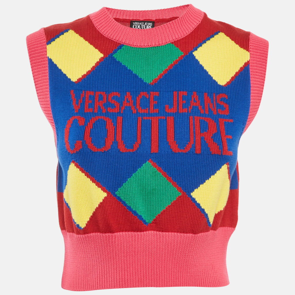 Versace Jeans Couture Multicolor Logo Cotton Knit Cropped Sweater XS Versace Jeans Couture Multicolor Logo Cotton Knit Cropped Sweater XS