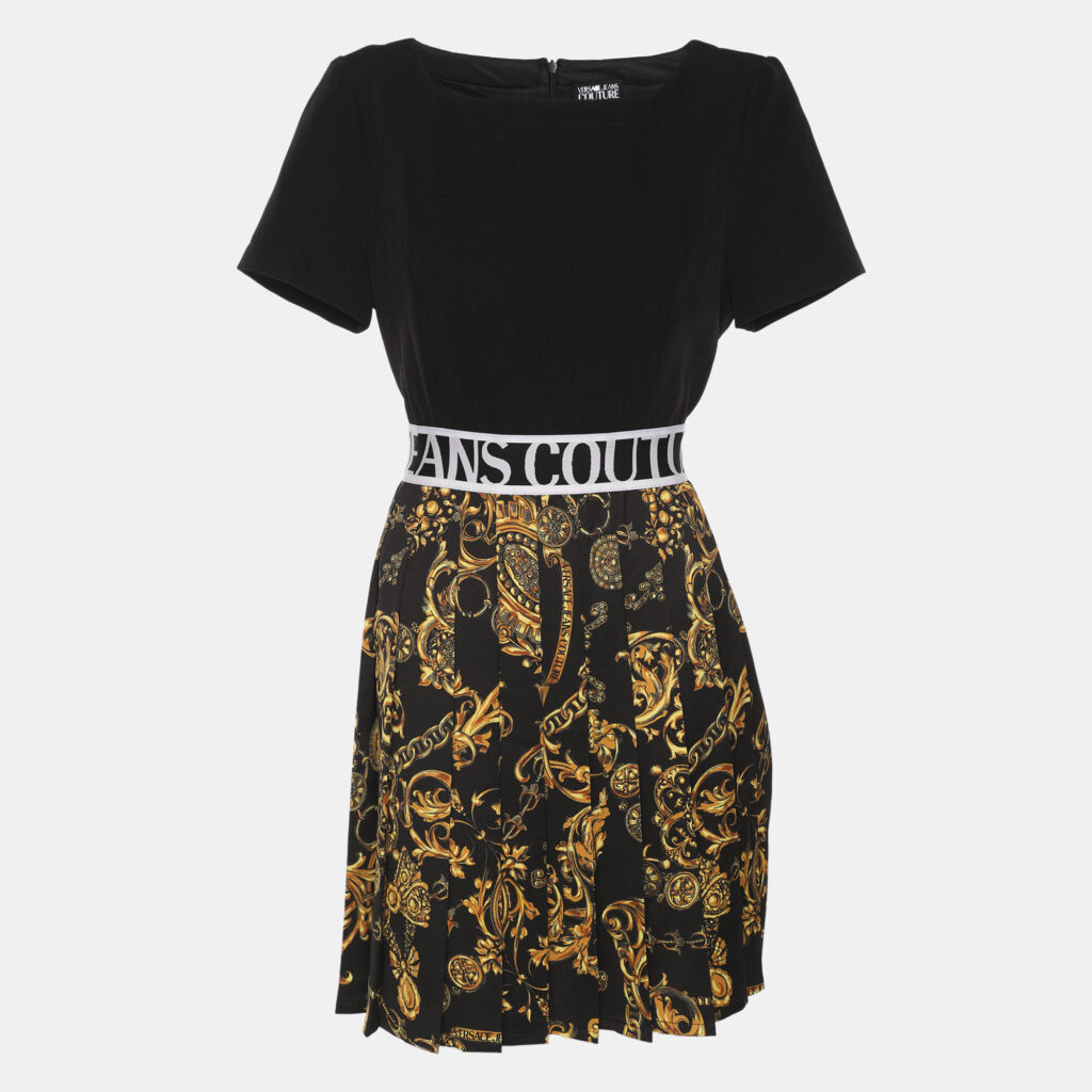Versace Jeans Couture Black Crepe Baroque-Print Panelled Dress M Versace Jeans Couture Black Crepe Baroque-Print Panelled Dress M