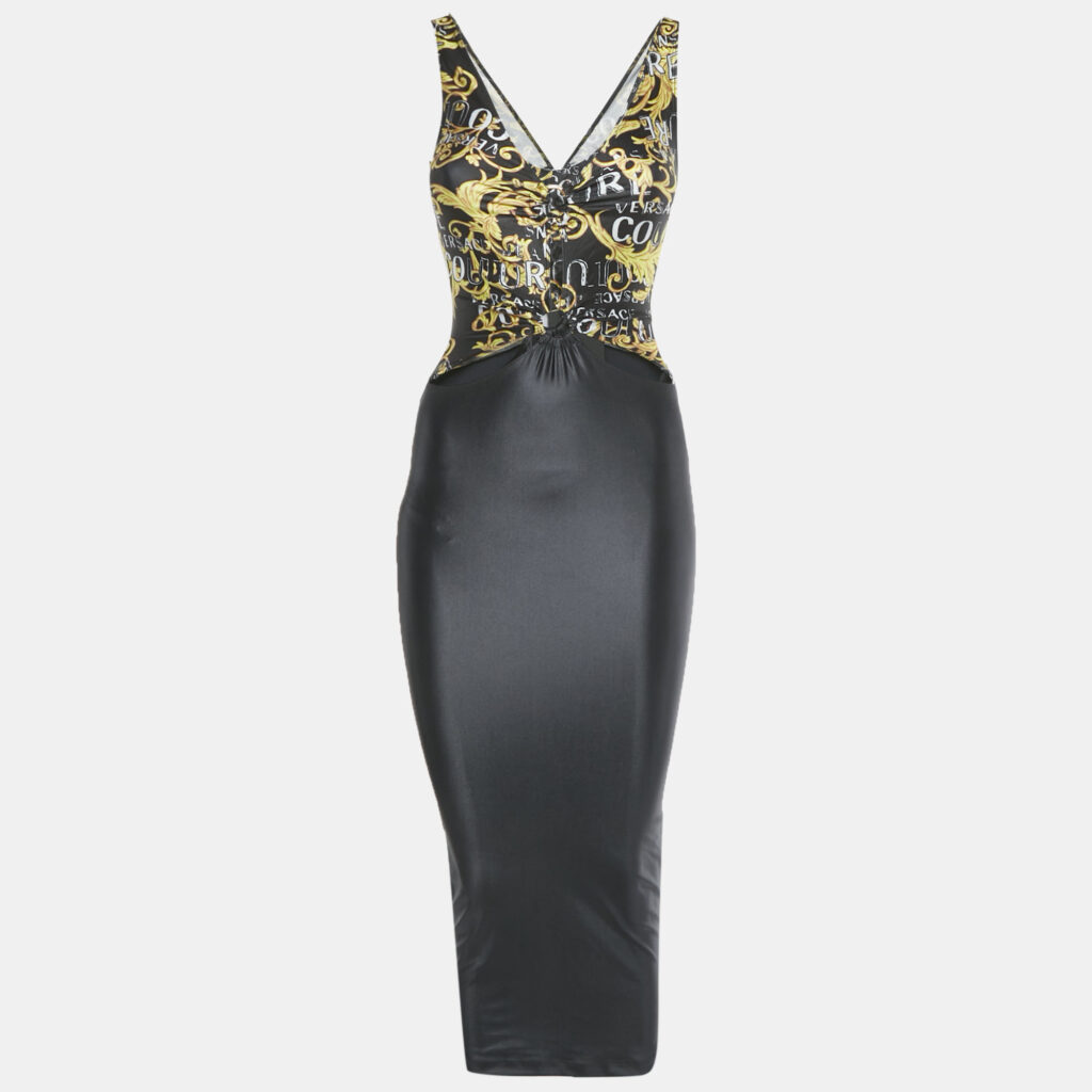 Versace Jeans Couture Black Printed Jersey Cut- Out Midi Dress XS Versace Jeans Couture Black Printed Jersey Cut- Out Midi Dress XS