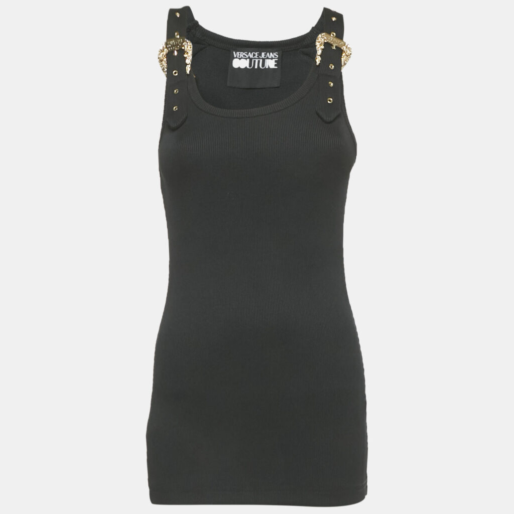 luxury-women-versace-jeans-couture-used-clothes-p1240471-002-1.jpg Versace Jeans Couture Black Rib Knit Buckle Detail Tank Top M