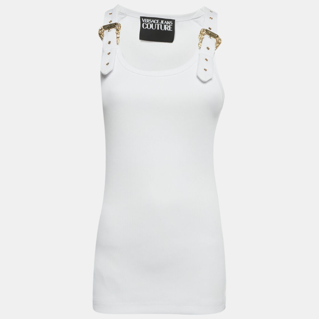 Versace Jeans Couture White Rib Knit Buckle Detail Tank Top M Versace Jeans Couture White Rib Knit Buckle Detail Tank Top M